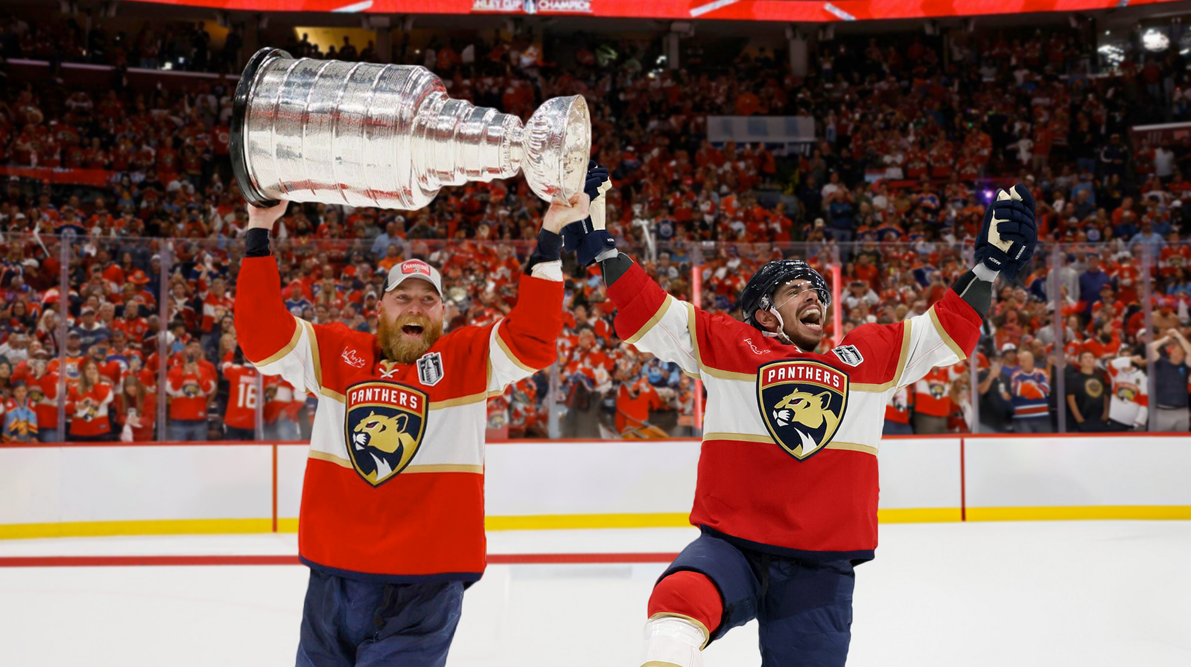 Sam Bennett lifting the stanley cup, and Evan Rodrigues celebrating for the Florida Panthers (2024).